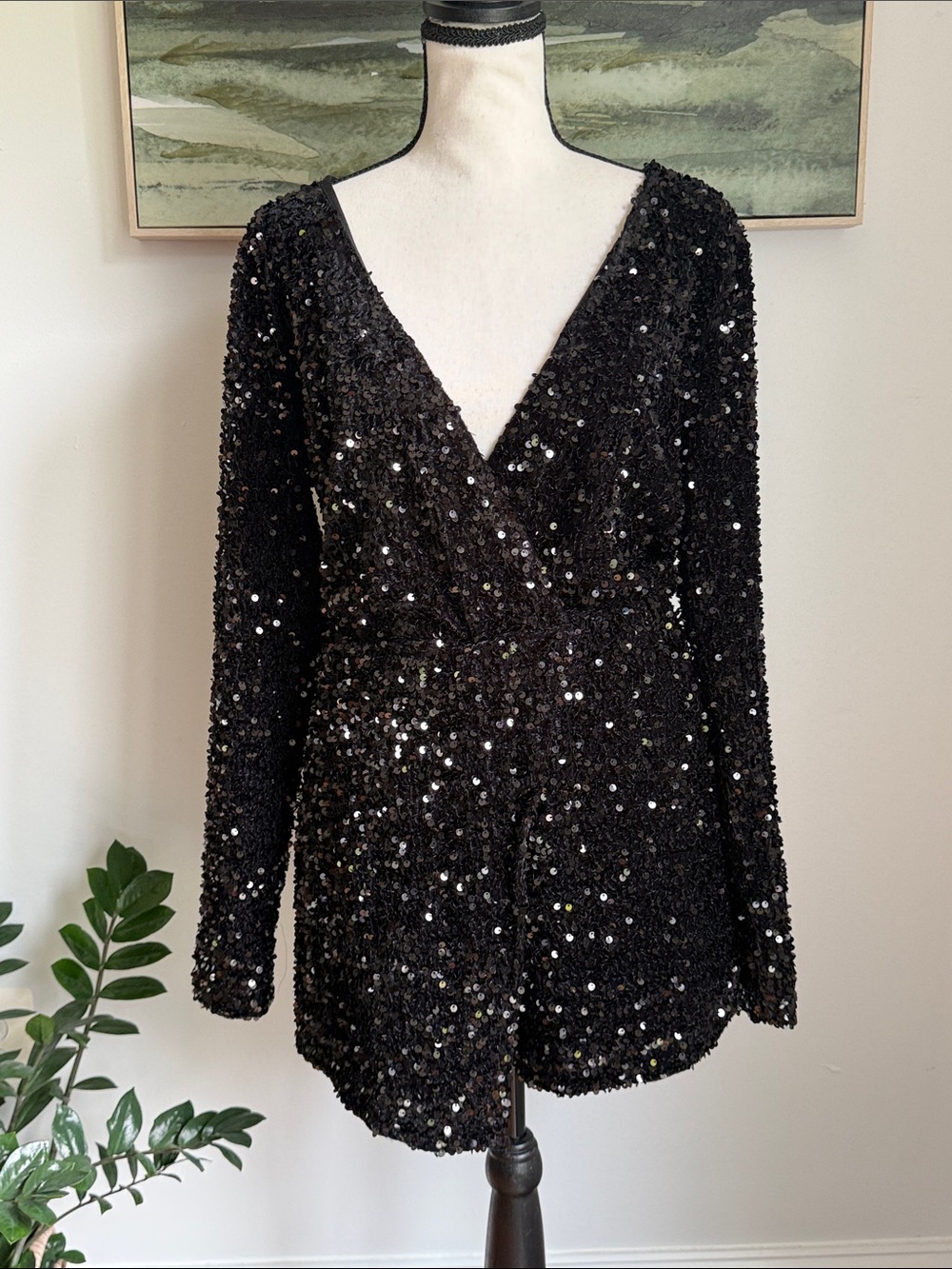H&M Black Sequin V-Neck Long Sleeve Romper